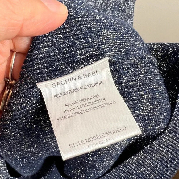 Sachin and Babi Amelie Dress Size Small Metallic Knit Blue Puff Sleeve Event - Picture 10 of 11